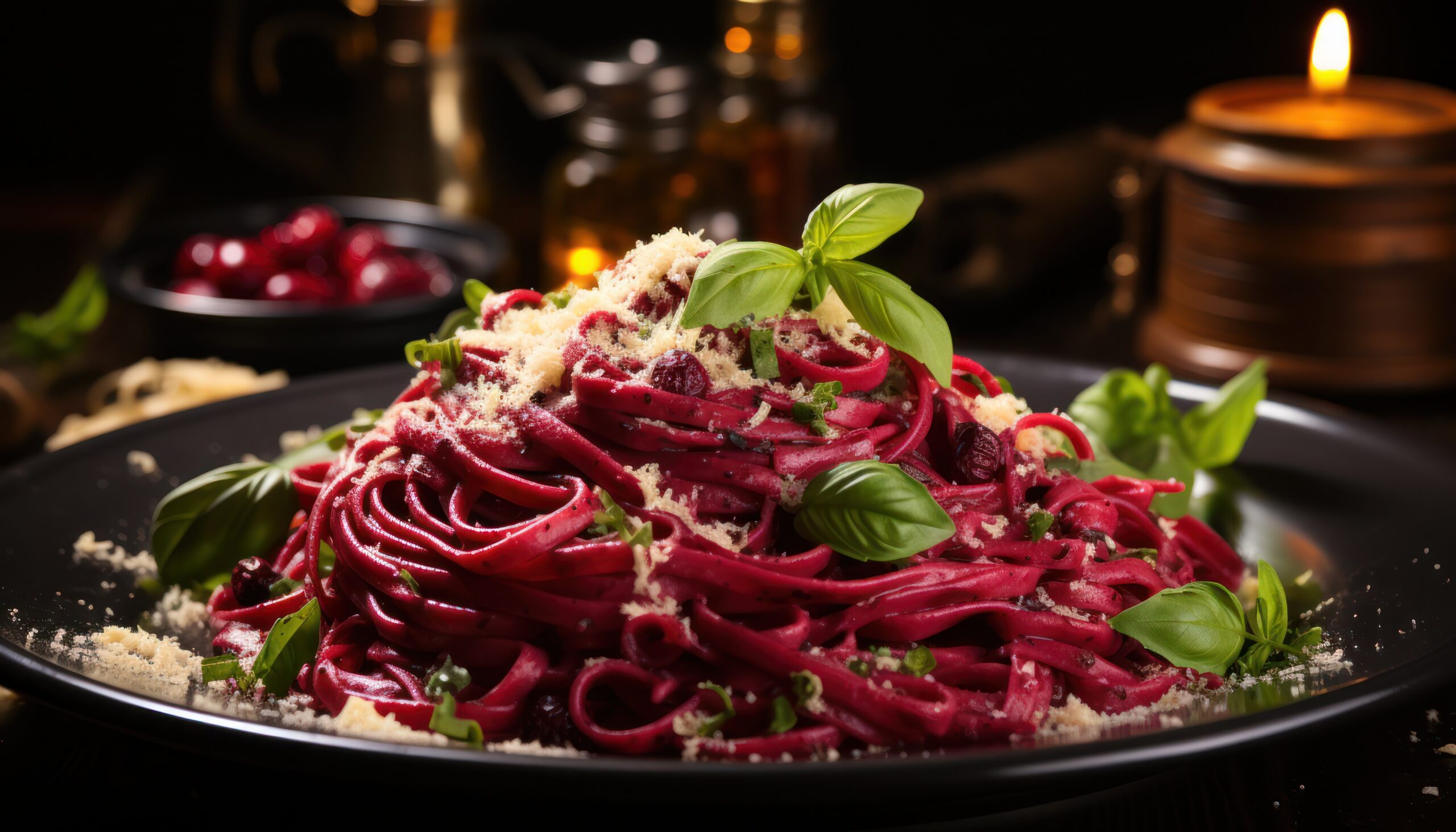 pasta with beets, cheese and herbs on a dark background. for a recipe book
