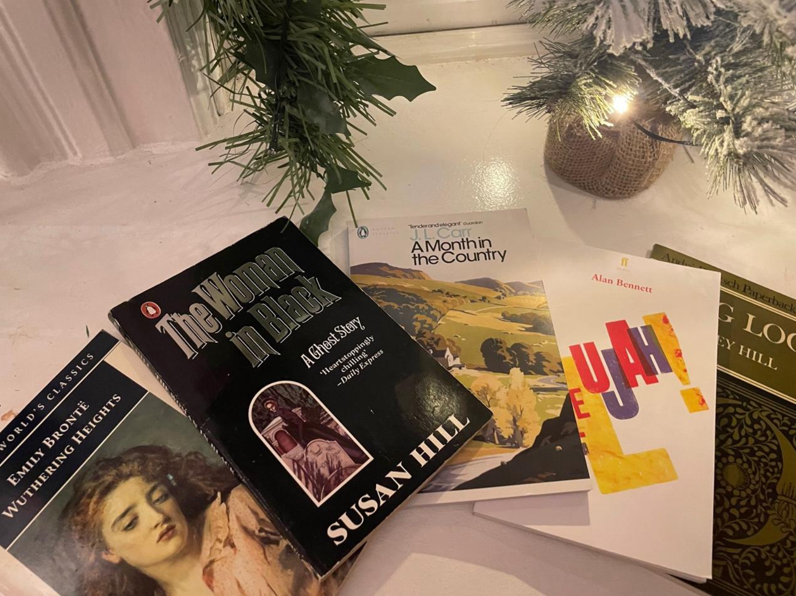 An array of books, softly lit, surrounded by Christmas decor