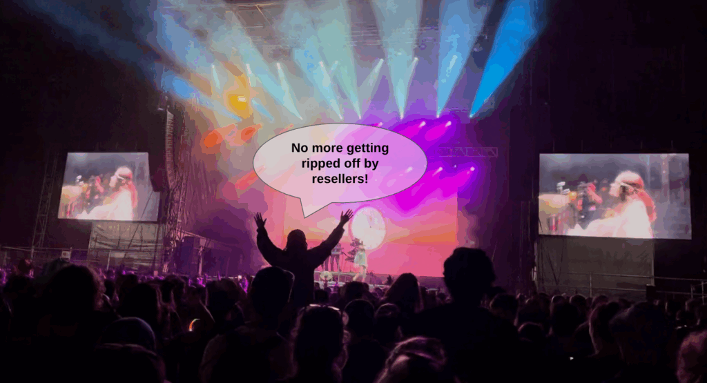Busy crowd at outdoor UK festival Forwards. Fan in the centre of the crowd is on someone's shoulders, hands raised in celebration - their silhoeutte outlined by the colourful lights from the stage. A speech bubble has been pasted onto the image which reads: 'No more getting ripped off by resellers'