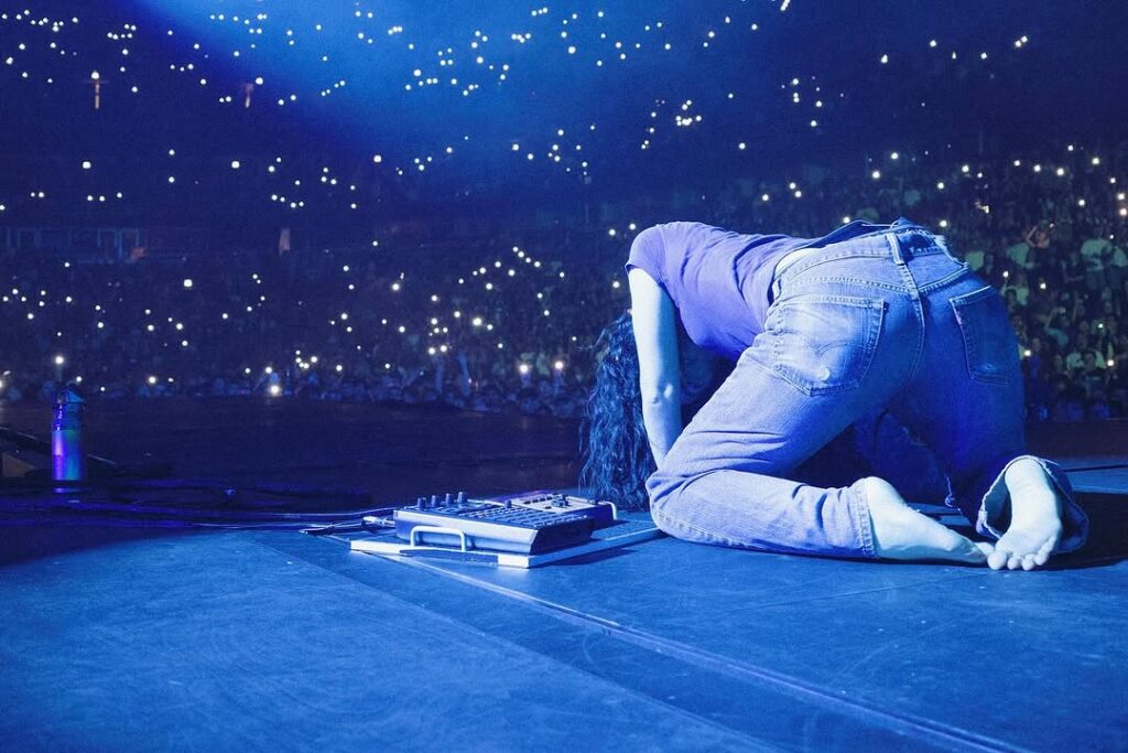 Lorde on stage in front of an arena full of fans. The photo is taken from behind Lorde, she is barefoot, in jeans and a t-shirt, crawling on the stage.