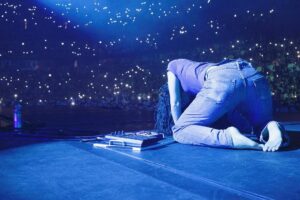 Lorde on stage in front of an arena full of fans. The photo is taken from behind Lorde, she is barefoot, in jeans and a t-shirt, crawling on the stage.