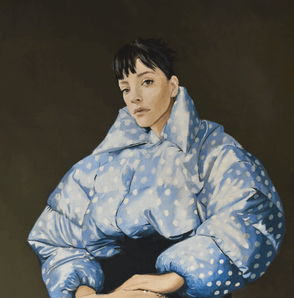 Album cover for Lily Allen's 2025 album 'West End Girl'. It features a painting in traditional portraiture style of Lily Allen against a dark background wearing a big shiny blue puffer jacket with white polka dots. She is staring straight into the camera, with a serious or pensive expression on her face.