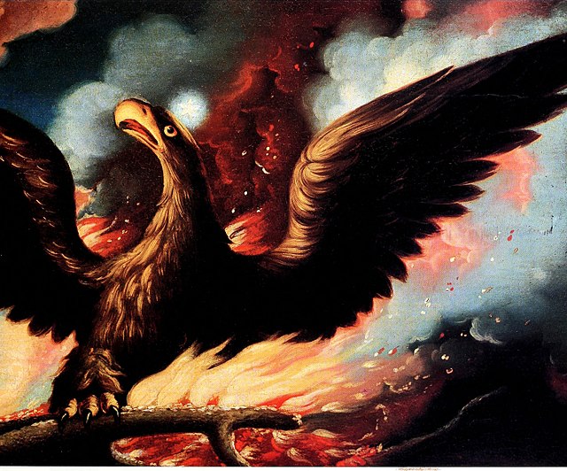 Painting of a pheonix rising from the ashes