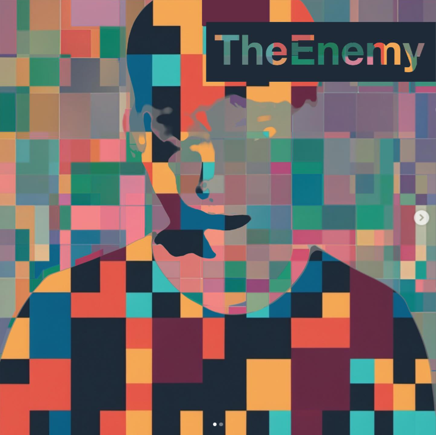 Album cover for 2026 release, 'Social Disguises' by The Enemy. Lots of colourful pixels that vaguely resemble a head and shoulders of someone. The only text on this cover is 'The Enemy' in the top right corner.