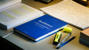 blue book with "resilience" written on the front, amongst pens and paper on a desk