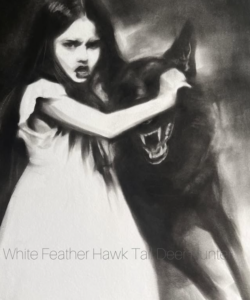 Single cover for Lana's review 'White Feather Hawk Tail Deer Hunter'. Black and white, drawing style image of a young girl in a white dress with a wolf with sharp fangs showing.