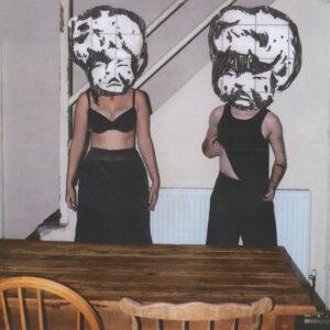 single cover for Kiosk's tracks 'Heaven Sent' and 'Sure Shot'. Features two figures by a kitchen table with abstract paper drawings of what looks like baby heads pasted over their faces.
