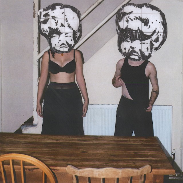 single cover for Kiosk's tracks 'Heaven Sent' and 'Sure Shot'. Features two figures by a kitchen table with abstract paper drawings of what looks like baby heads pasted over their faces.