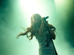 Wet Leg frontwoman Rhian Teasdale performs at Millennium Square Leeds